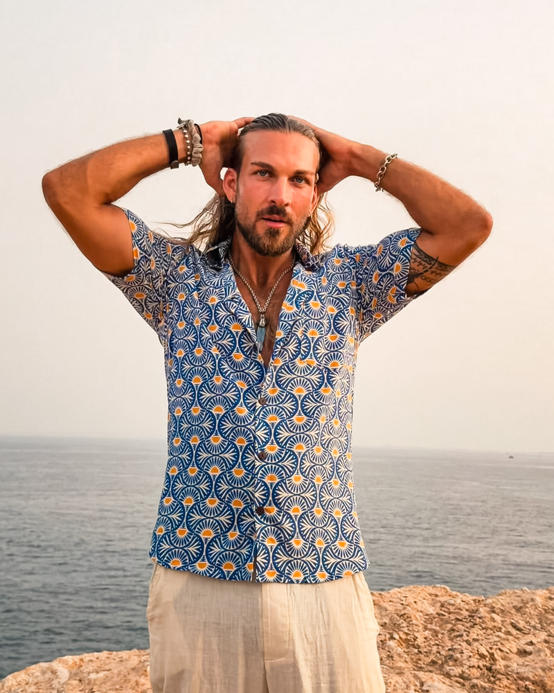 Stillvolles blaues Herren Hemd kurzarm | Baumwolle hochwertig | Boho Herren 