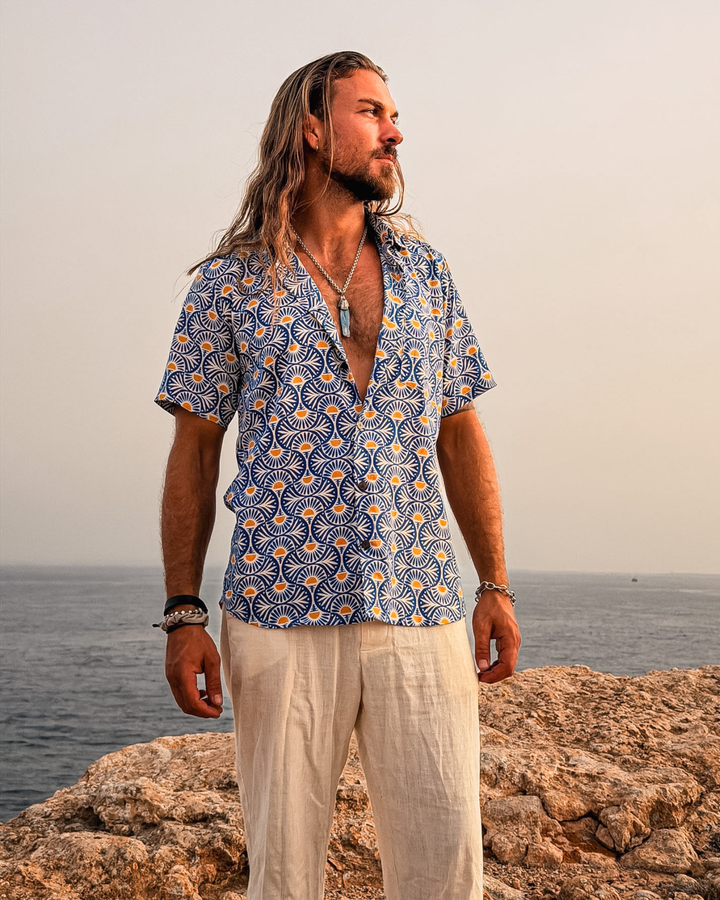 Boho Herren Hemd in blau mit orangen Punkten | Kurzarm Baumwolle Männer Hemd 