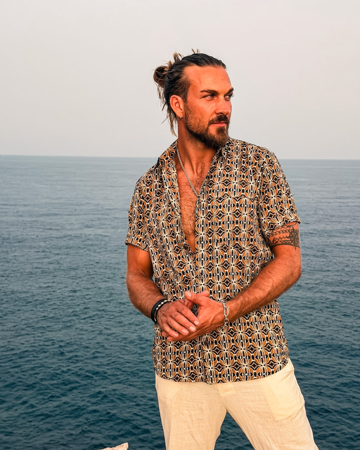 Boho Herren Hemd kurzarm mit Ethno Muster | Ibiza Männer Mode 
