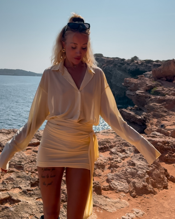 Mesh Blusenkleid Kurz - Sommer Kleid in Pastellgelb 