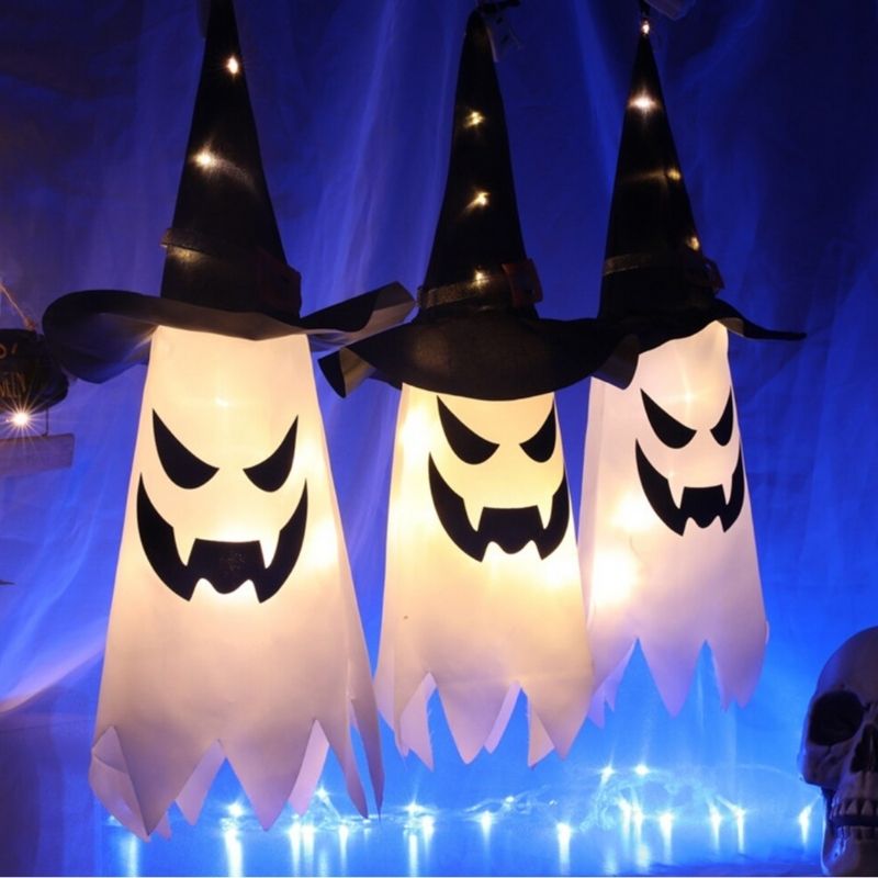 Geister Hängelampe mit Hexenhut - Halloween Dekoration Geister Ghost LED Lampen 