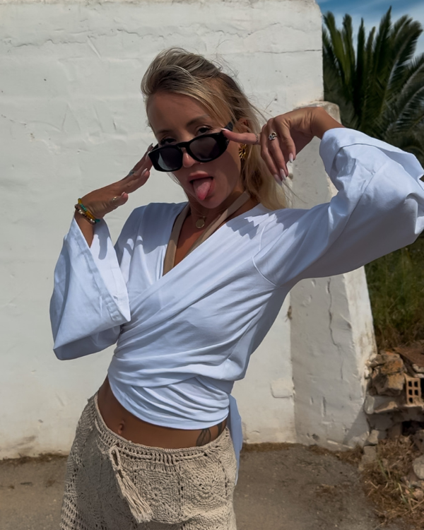 Boho Langarmshirt Weiß mit V-Ausschnitt