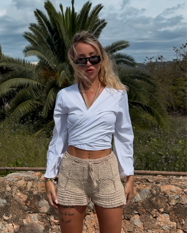 Weisses Wickelshirt Boho Look Sommer - Damen Yoga Shirt aus Baumwolle 