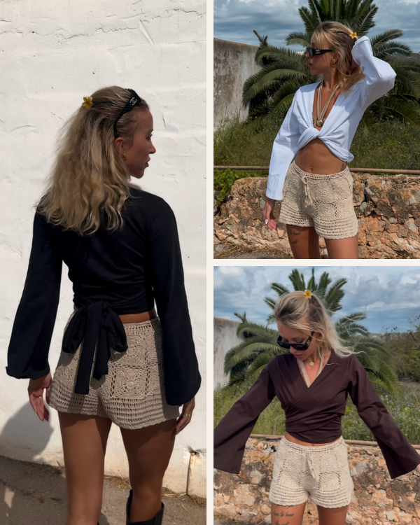 Baumwolle Wickelshirt Damen in schwarz, weiss und braun
