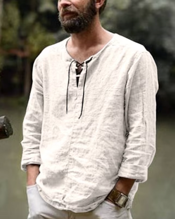 Creme-weisses Herren Leinen Baumwolle Hemd mit Schnürrung auf der Vorderseite - Boho Herren Look 
