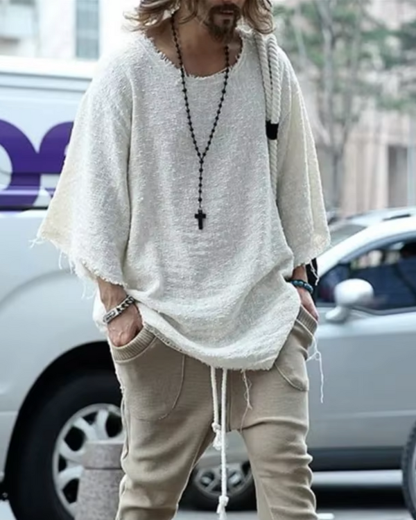 weites oversize Herren Hemd Shirt im Boho Look mit Rundhals Kragen und Fransen Effekt 