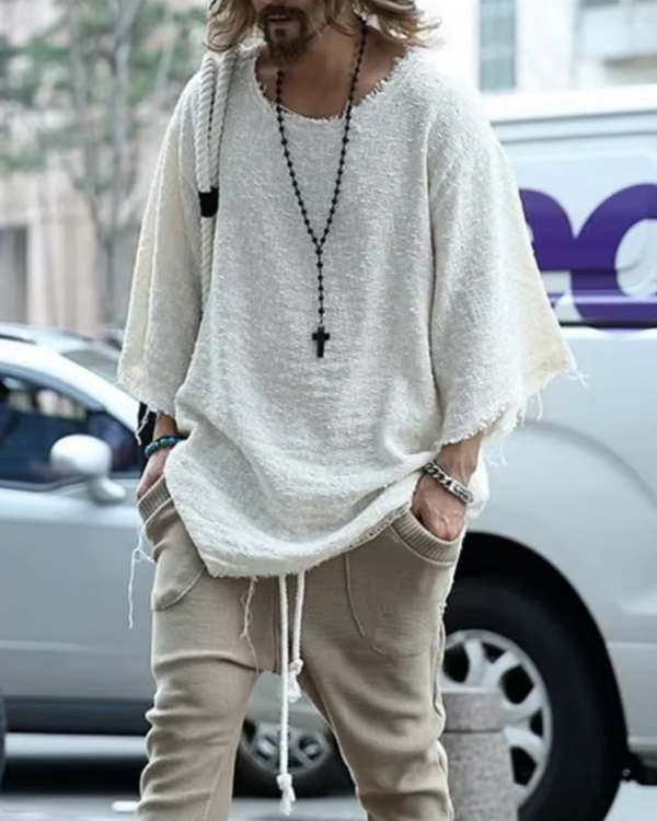 Weites Oversize Herren Boho Shirt mit Rundhals und Fransen 