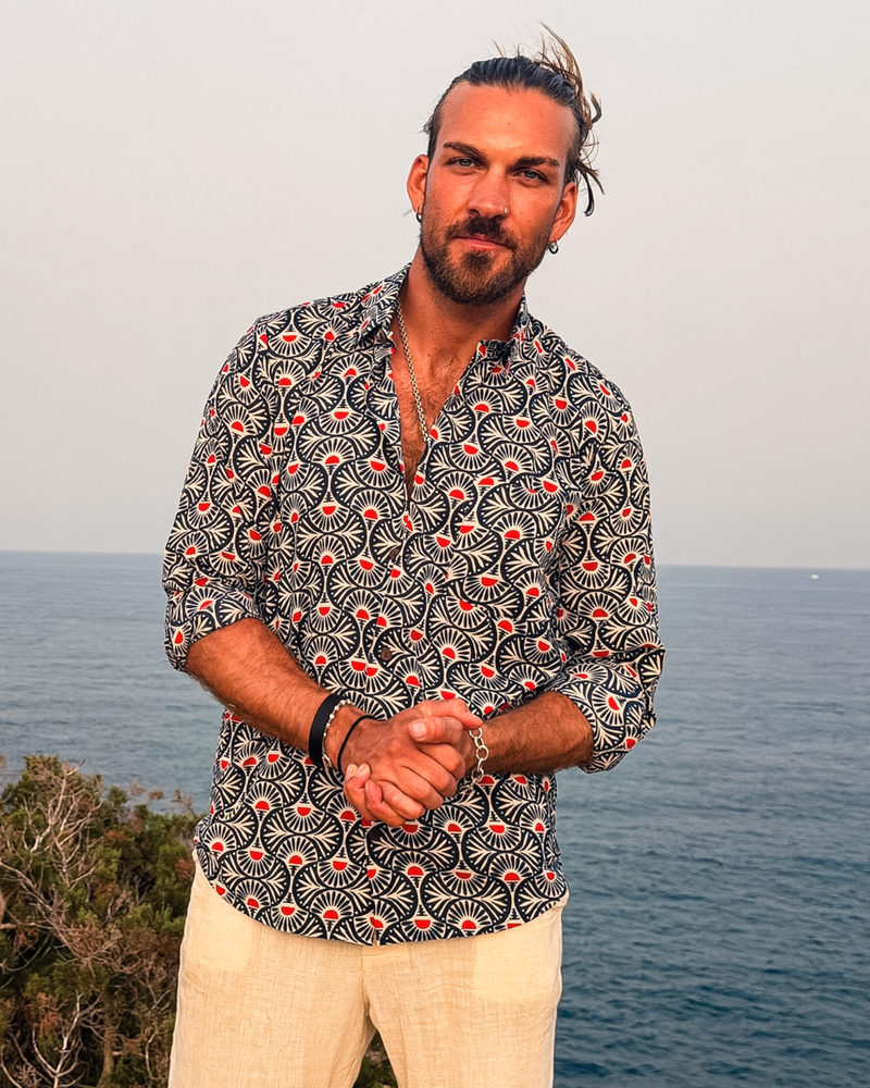 Boho Herren Hemd langarm | Baumwolle Männer Hemd mit roten Punkten 