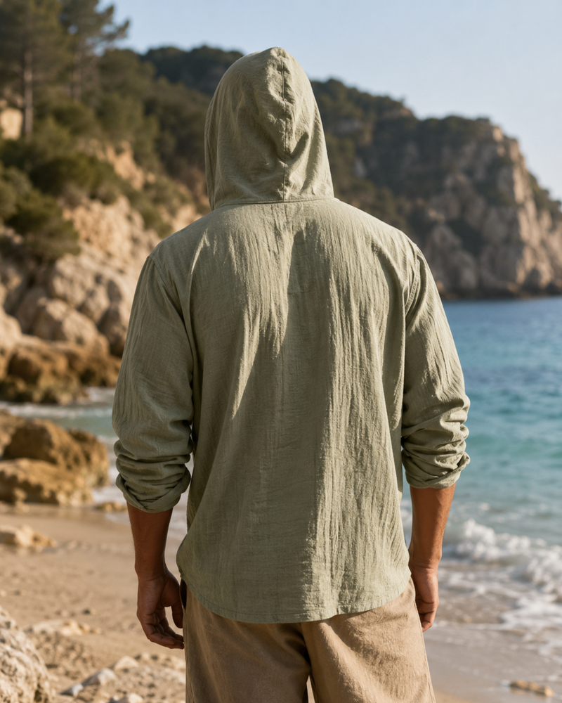 Gruenes Herren Shirt aus Leinen | Olive gruenes Männer Kapuzen Hemd 