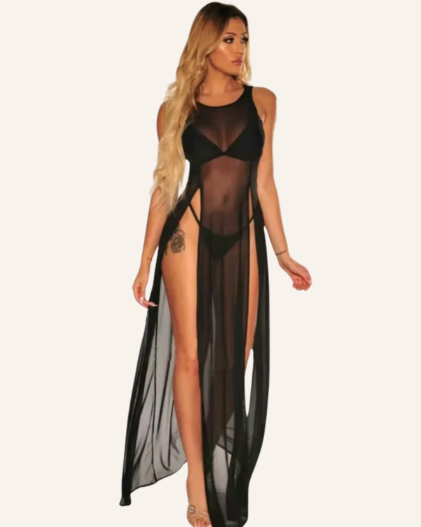 langes Mesh Kleid mit Schlitzen auf der Seite - heisses transparentes Festival und Erotik Kleid 