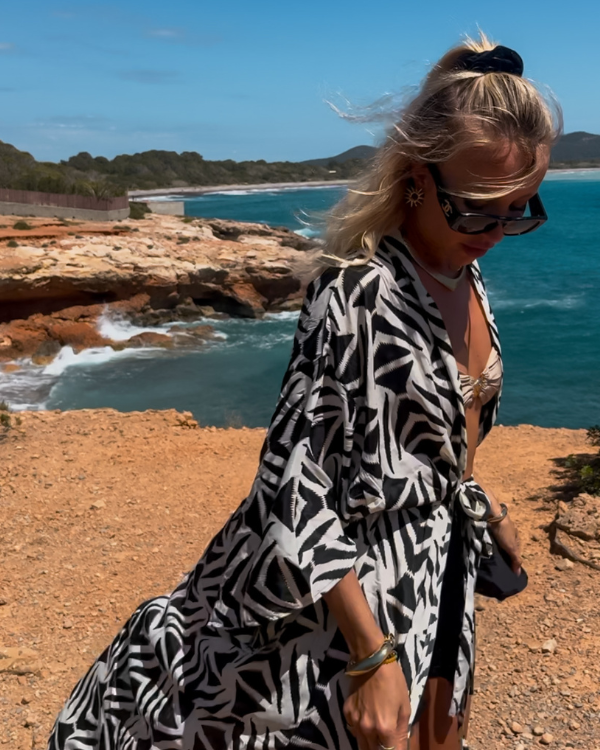 Bohemian Kimono lang schwarz weiss gold