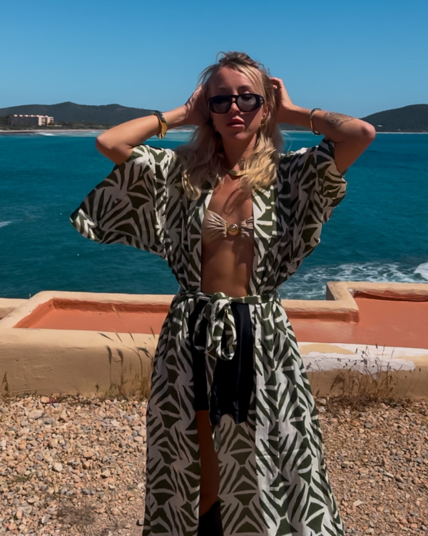 Kimono mit weitem Schnitt im Festival-Look - Grün-weisser Boho Kimono 