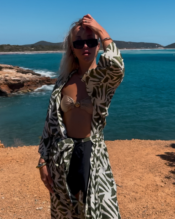 Kimono aus Ibiza Kollektion mit Blattprint - Boho Sommer Kimono in lang
