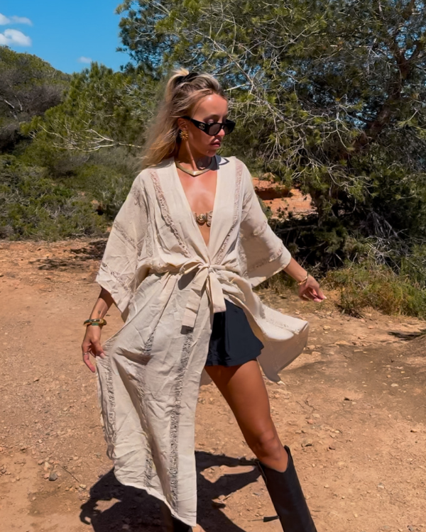 Naturfarbener Kimono im Festival-Look - Baumwolle Unisex Kimono 