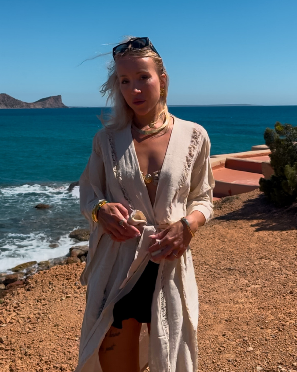 Baumwolle Boho Kimono Lang in beige mit weiten Ärmeln 