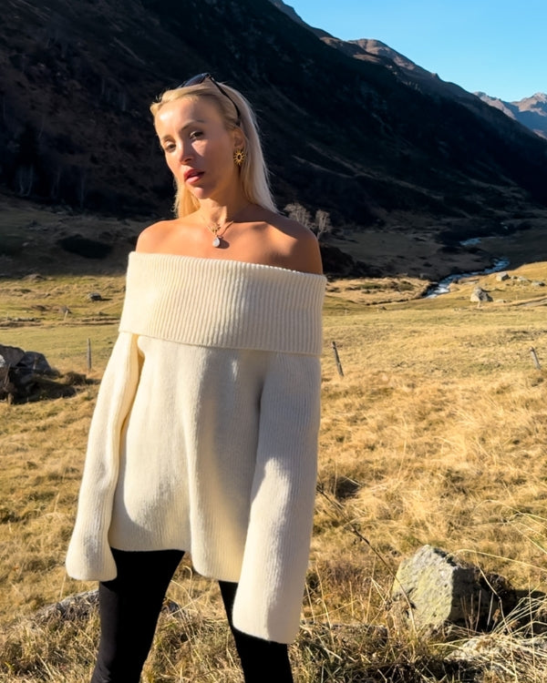Weisser Schulterfreier Damen Strickpullover in lockerem Schnitt 