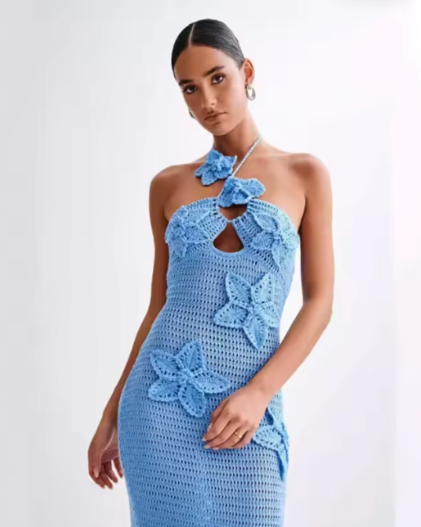 Damen Kleid Häkelblumen Style | Langes Crochet Kleid mit Neckholder 
