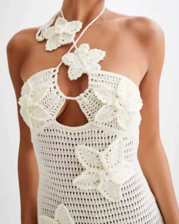 Damen Kleid Häkelblumen Style in weiss 