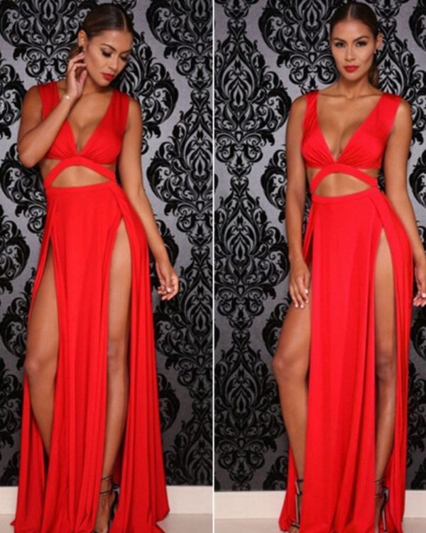 Rotes langes Damen Kleid mit Schlitzen - Cut-Out Sexy elegantes Kleid, Maxikleid 