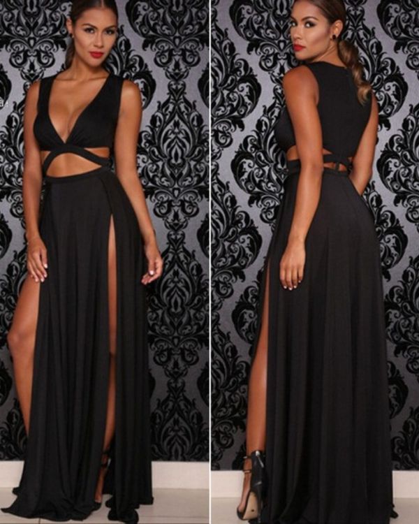 Langes Cut-Out Party Festival Abendkleid in schwarz - Sexy schwarzes langes Damen Kleid