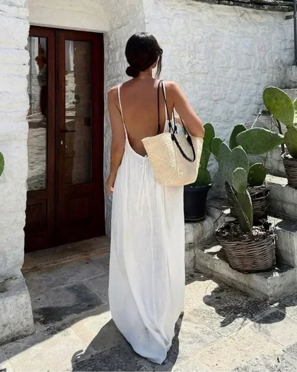 langes Rückenfreies Damen Kleid mit feinen Trägern - Lockeres Kleid 