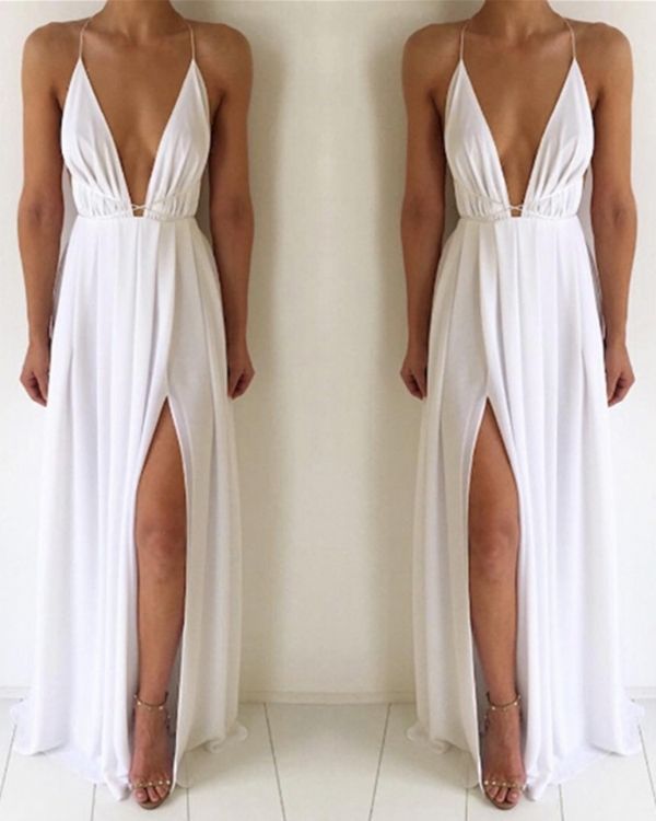 Weisses langes Damen Sommerkleid mit Schlitz - Bohochic Damen Kleid Bodenlang