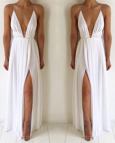 Weisses langes Damen Sommerkleid mit Schlitz - Bohochic Damen Kleid Bodenlang