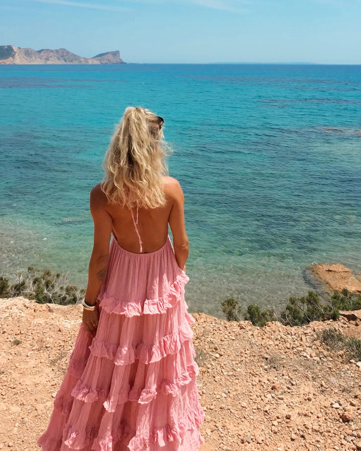 Rosa Maxikleid mit offenen Rücken und Volants | Bohochic Damen Kleid aus Baumwolle 