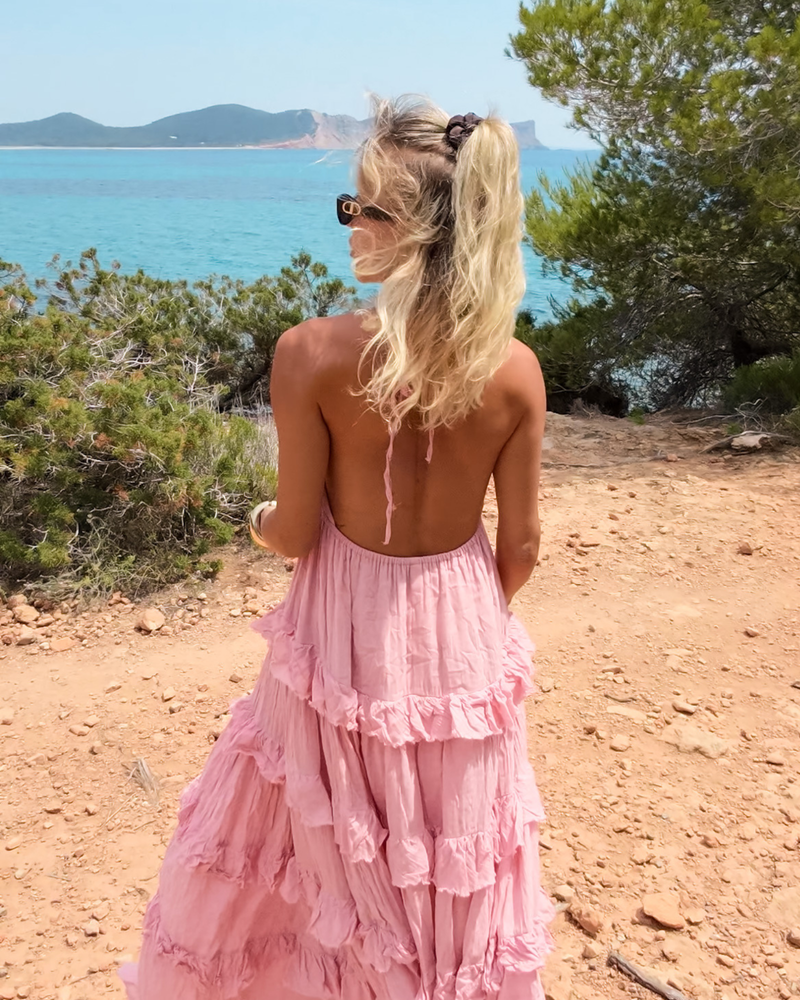 Bohochic Damen Kleid mit Volants und offenem Rücken 