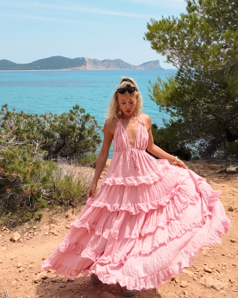 Rosa Rückenfreies Kleid mit Volants | Baumwolle Damen Kleid 
