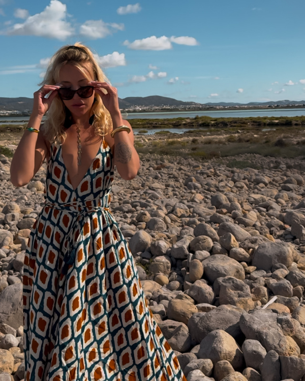 Langes Boho Maxikleid blau braun - Ethno Muster Sommerkleid 