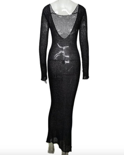 schwarzes langes Mesh Kleid mit offenem Rücken und langen Ärmeln