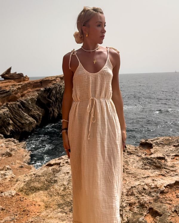 Strandkleid aus Baumwolle - Creme weisses langes Damen Sommerkleid im Boho Look