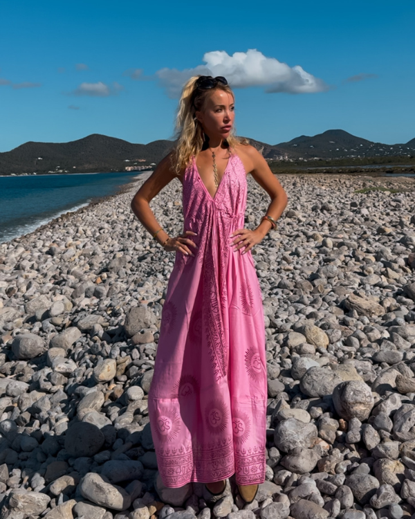 Damen Kleid Ibiza Style spirituell pink rosa mit Om Symbolen 