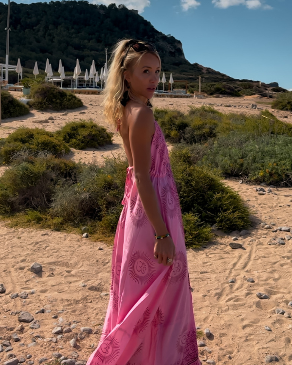 Spirituelles Boho Sommerkleid pink rosa mit Om Zeichen 