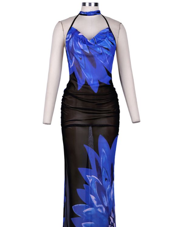langes elegantes Damen Kleid mit offenem Rücken und Floral Print in blau-schwarz