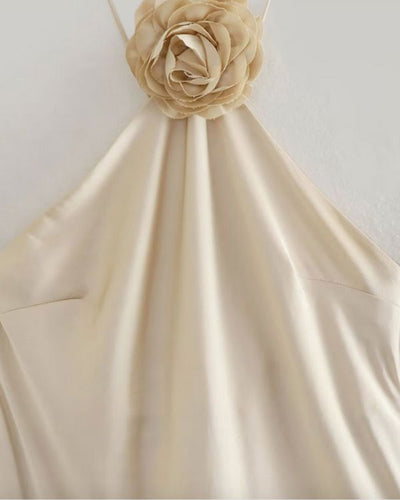 Blumen Rosen Kleid aus Satin Seide in Champagner Farbe 