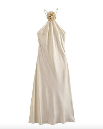 langes Damen champagner Kleid mit 3D Blumen Brosche 