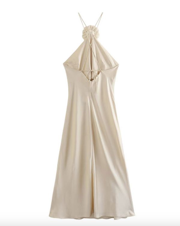 Rückenfreies Damen Champagner Kleid mit 3D Rose Brosche 