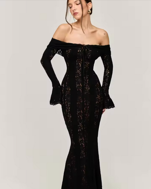 Schwarzes Schulterfreies Kleid aus Spitze – romantisch & elegant