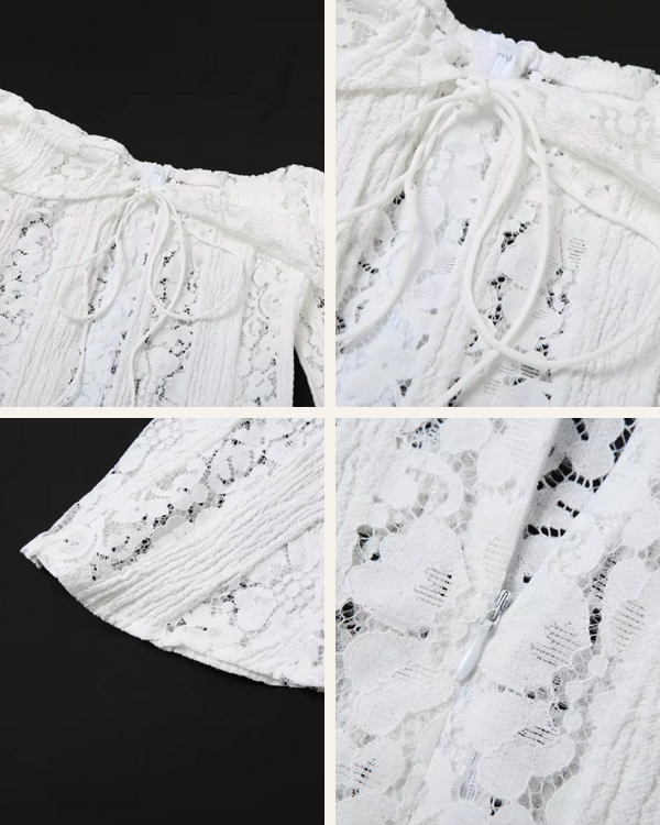 Detailaufnahme eines weissen Spitzenkleids mit Schleife