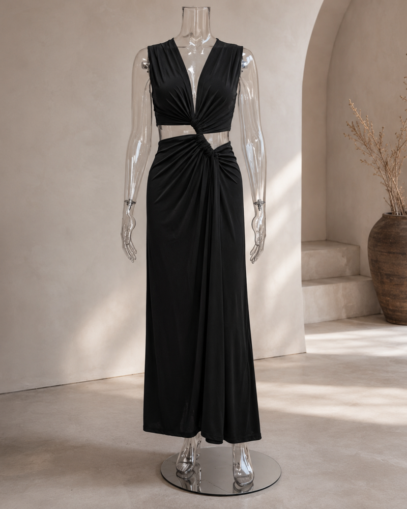Modernes Damen Maxikleid mit Cut-Outs | schwarzes elegantes Kleid 