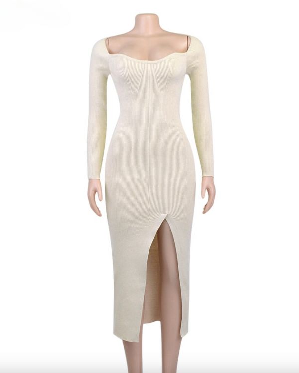 Midi-Kleid in warmem Beige mit elegantem Seitenschlitz