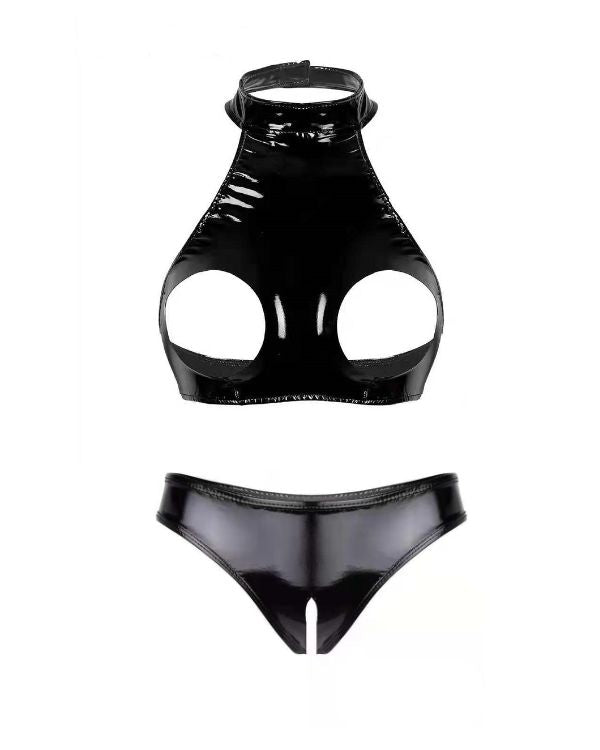 Fetisch Kinky Latex Set aus Oberteil mit offener Brust und Kragen und Unterhose mit offenem Schritt 
