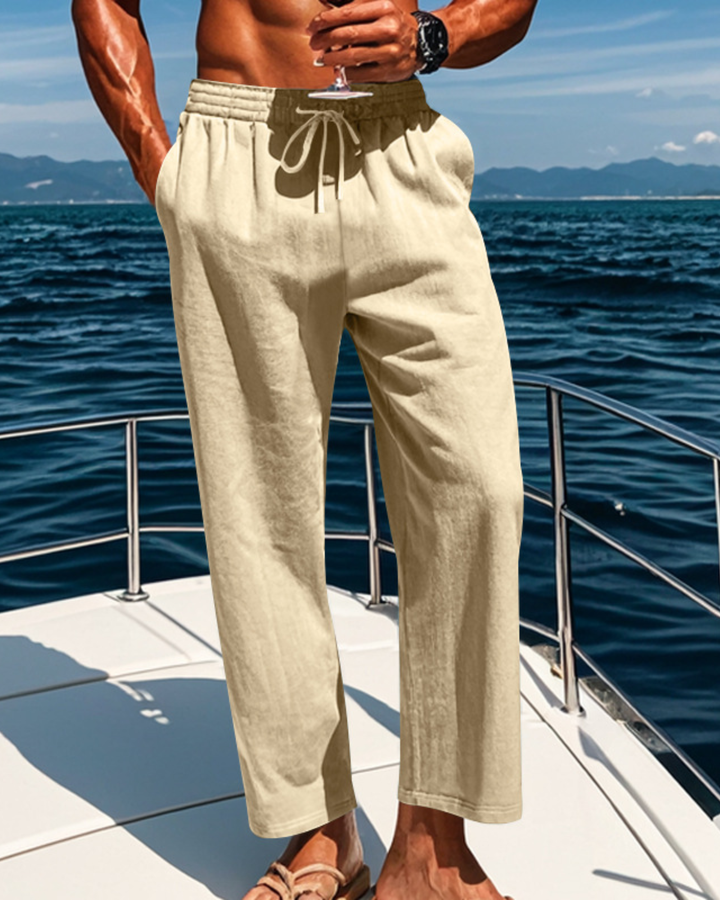 Herren Leinenhose Porto Relax in Beige mit lockerem Schnitt und elastischem Bund