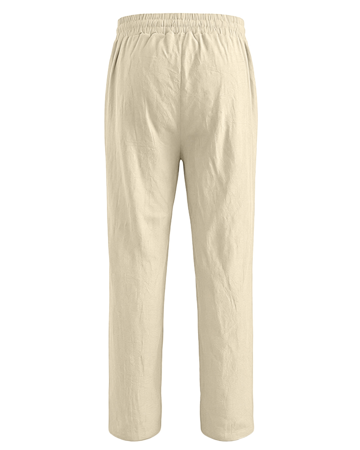 Beige Leinenhose für Herren mit Kordelzug und geradem Bein im Boho-Stil