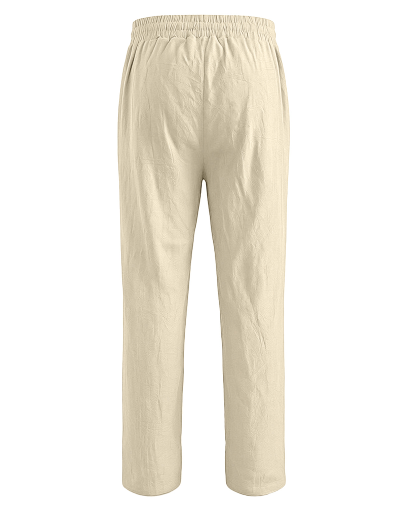 Beige Leinenhose für Herren mit Kordelzug und geradem Bein im Boho-Stil