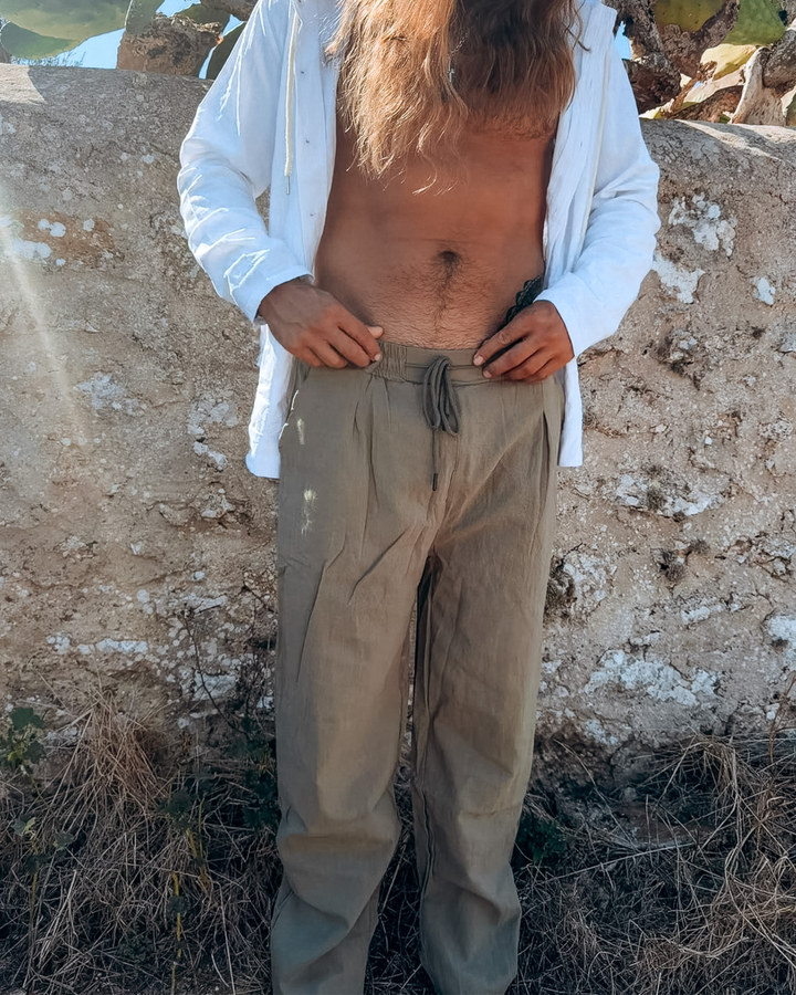 Olive Gruene Leinenhose für Männer mit elastischem Taillenbund und Taschen