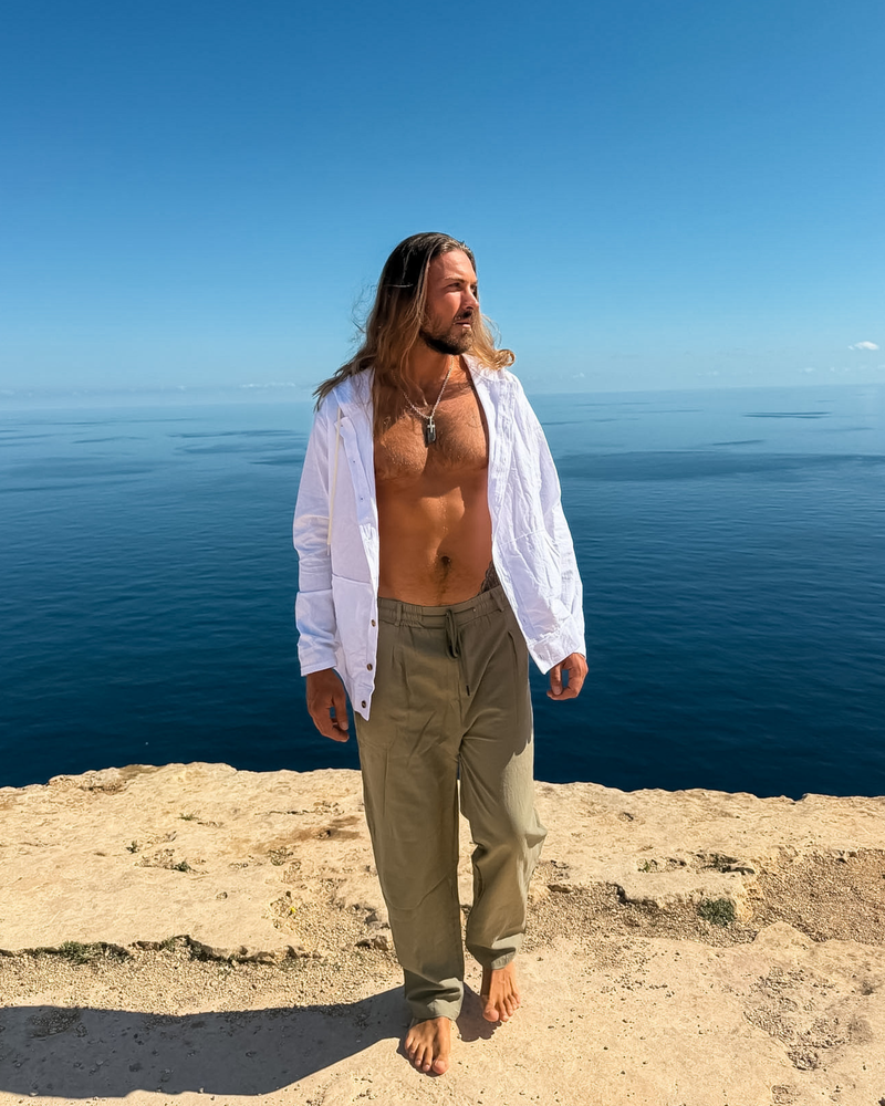 Herren Leinenhose Palermo in Olive Grün mit elastischem Bund und Kordelzug