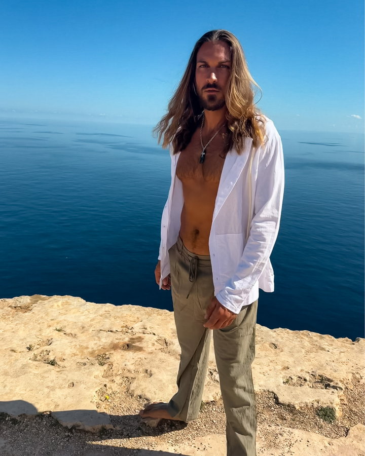 Gruene stylische Boho Leinen Hose mit elastischem Bund 